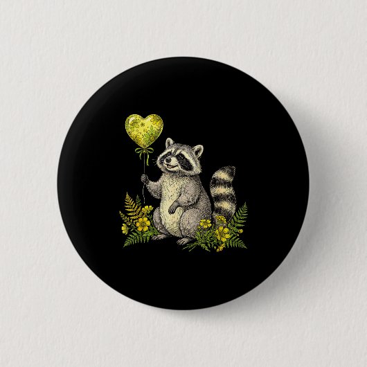 Cute Raccoon Balloon Heart Flowers Sweet Raccoon L 缶バッジ (正面)