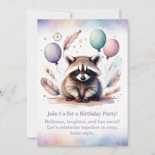 Cute Raccoon Birthday Invitation Woodland Boho  招待状 (正面)