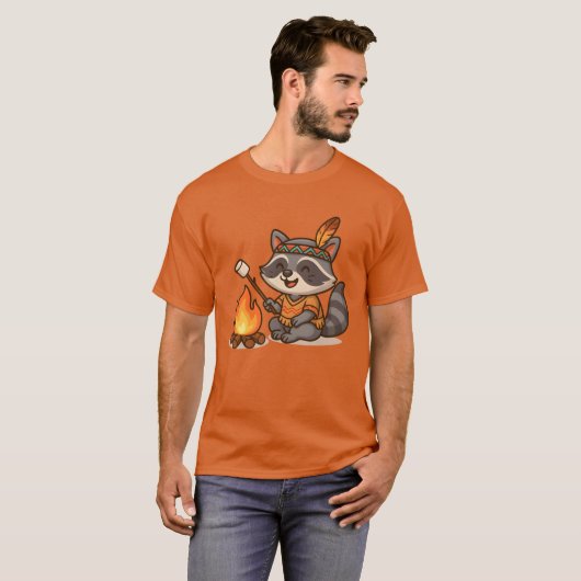 Cute Raccoon Camping and Roasting Marshmallow retr Tシャツ (正面フル)