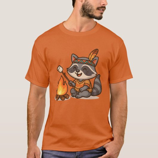 Cute Raccoon Camping and Roasting Marshmallow retr Tシャツ (正面)