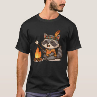 Cute Raccoon Camping and Roasting Marshmallow retr Tシャツ