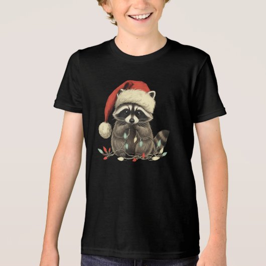 cute raccoon Chew Christmas Light Xmas Holiday トライブレンドTシャツ (正面)