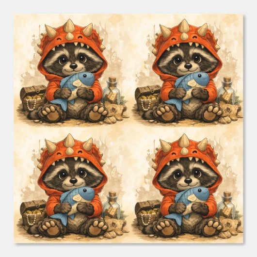 Cute Raccoon Dino Costume Pattern Wallpaper 壁紙 (正面)
