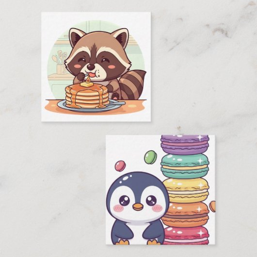 Cute Raccoon Eating Pancakes with Syrup Kawaii スクエア名刺 (正面/裏面)