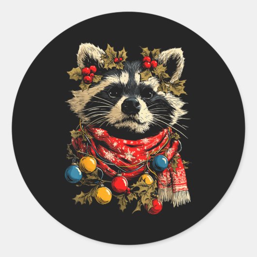 Cute Raccoon F Christmas Lights Festive Forest Ani ラウンドシール (正面)