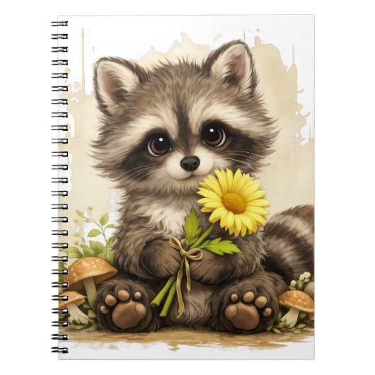 Cute Raccoon Flower Notebook – Kawaii Animal ノートブック (正面)