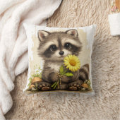 Cute Raccoon Flower Pillow Kawaii Animal クッション (ブランケット)