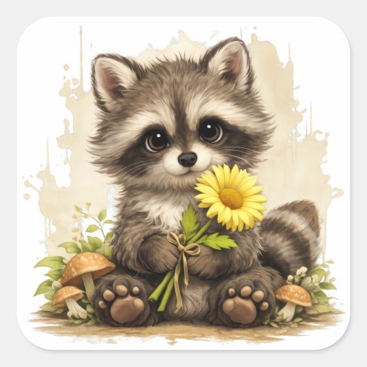 Cute Raccoon Flower Sticker Kawaii スクエアシール (正面)