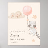 Cute Raccoon Flying Balloon Baby Shower Welcome ポスター (正面)