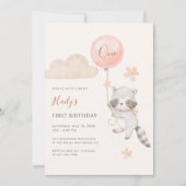 Cute Raccoon Flying Balloon Girl First Birthday  招待状 (正面)