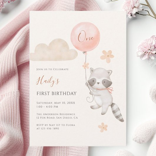 Cute Raccoon Flying Balloon Girl First Birthday  招待状