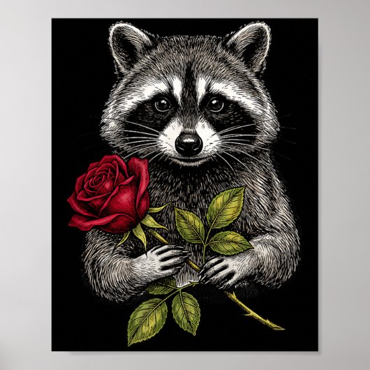 Cute Raccoon Holding A Red Rose Sweet Raccoon Love ポスター (正面)