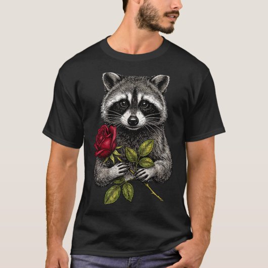 Cute Raccoon Holding A Red Rose Sweet Raccoon Love Tシャツ (正面)