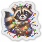 Cute Raccoon in Christmas Lights シール (正面)