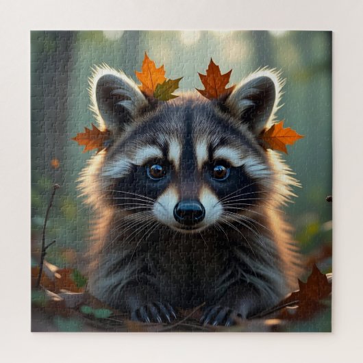 Cute Raccoon in Fall Leaves   ジグソーパズル (縦)