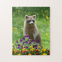 Cute Raccoon in Flower Garden Wildlife ジグソーパズル