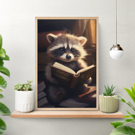 Cute Raccoon Reading a Book Poster ポスター