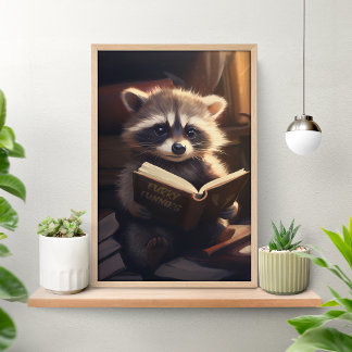 Cute Raccoon Reading a Book Poster ポスター