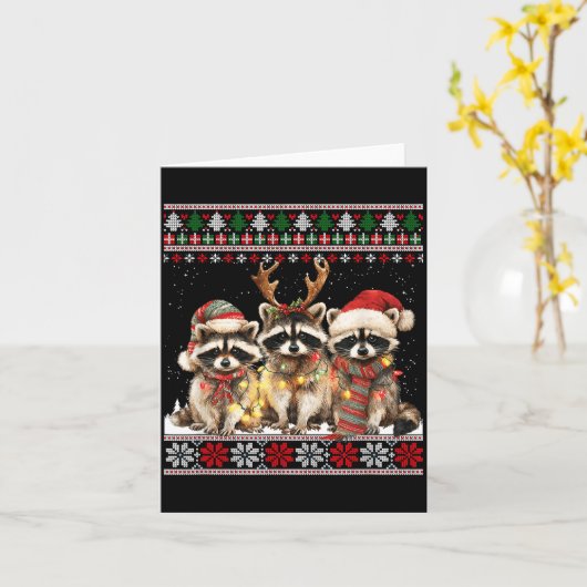 Cute Raccoon Santa Christmas Lights Ugly Xmas Swea カード (黄色い花)