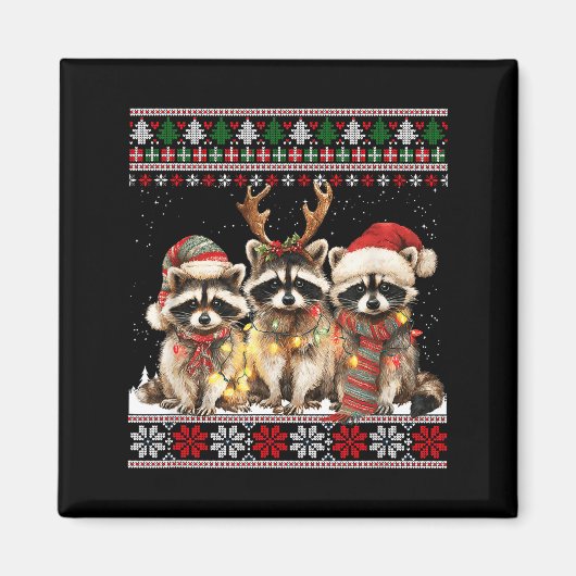 Cute Raccoon Santa Christmas Lights Ugly Xmas Swea マグネット (正面)