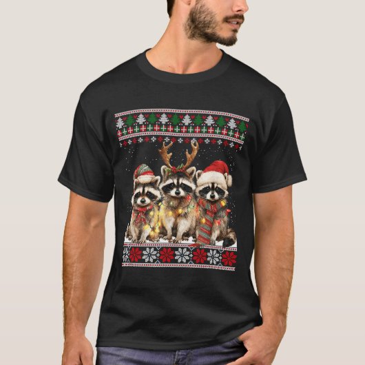 Cute Raccoon Santa Christmas Lights Ugly Xmas Swea Tシャツ (正面)