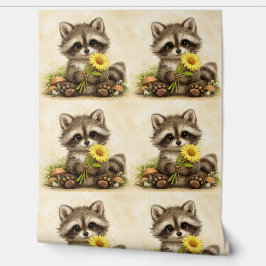 Cute Raccoon Sunflower Pattern Wallpaper 壁紙