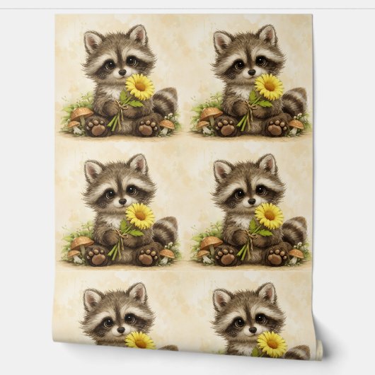 Cute Raccoon Sunflower Pattern Wallpaper 壁紙 (ほどく)