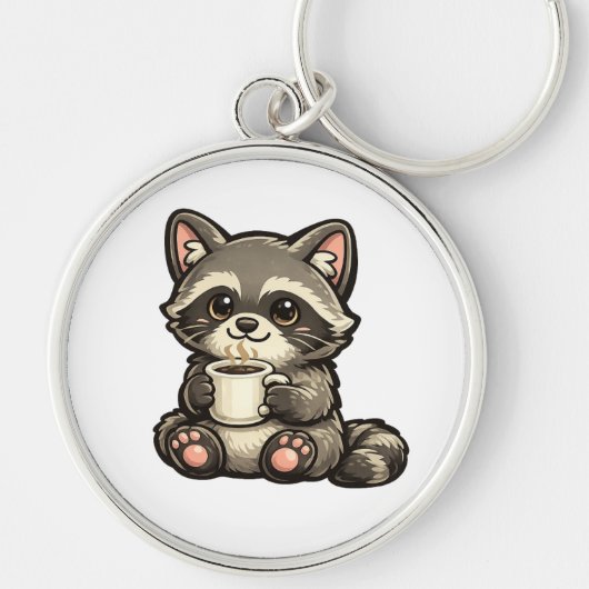 Cute Raccoon with Coffee – Cozy Kawaii Animal キーホルダー (正面)