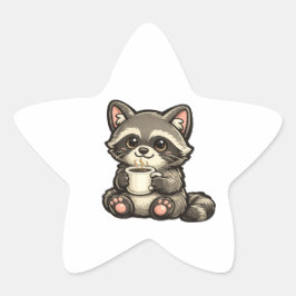 Cute Raccoon with Coffee – Cozy Kawaii Animal 星シール