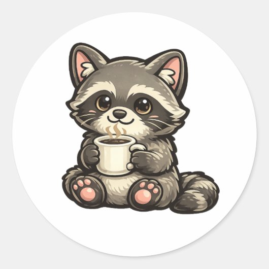Cute Raccoon with Coffee – Kawaii Cozy Animal ラウンドシール (正面)