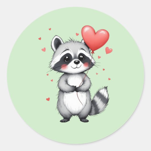 Cute Raccoon with Heart Balloons ラウンドシール (正面)