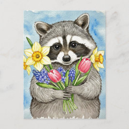 Cute Raccoon with Spring Flowers Postcard シーズンポストカード