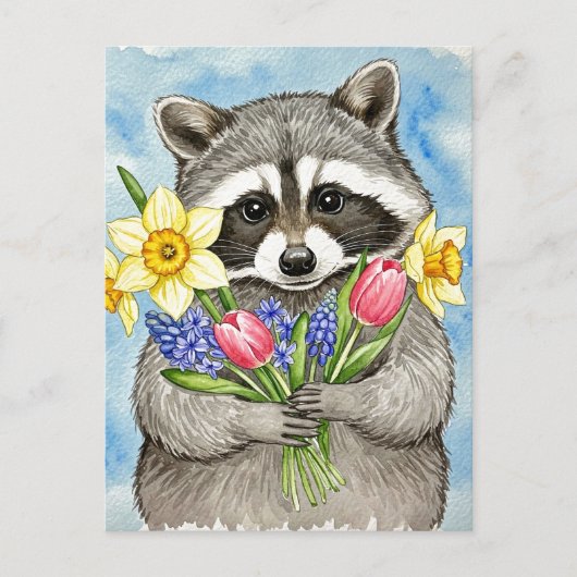 Cute Raccoon with Spring Flowers Postcard シーズンポストカード (正面)