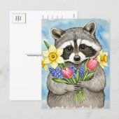 Cute Raccoon with Spring Flowers Postcard シーズンポストカード (正面/裏面)