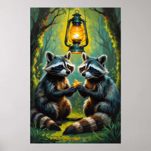 Cute Raccoons Holding Lantern Whimsical Forest Art ポスター (正面)