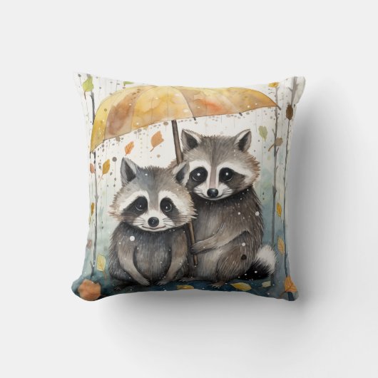 Cute Raccoons in the Rain クッション (正面)