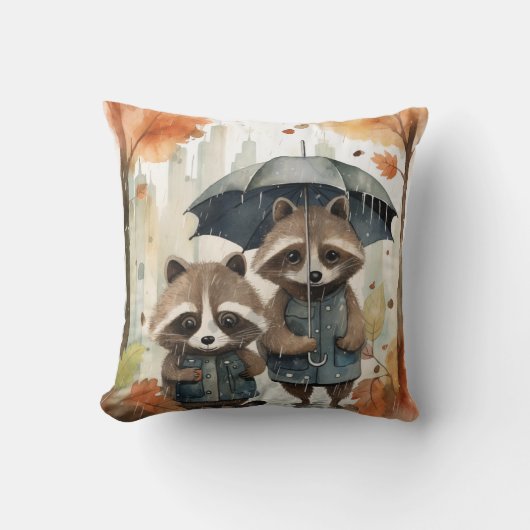 Cute Raccoons in the Rain クッション (正面)