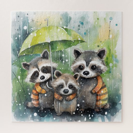 Cute Raccoons in the Rain ジグソーパズル (縦)