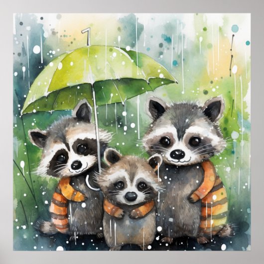 Cute Raccoons in the Rain ポスター (正面)