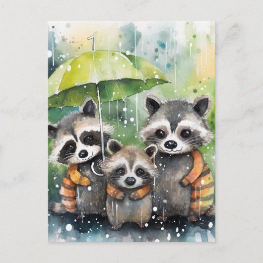 Cute Raccoons in the Rain ポストカード (正面)