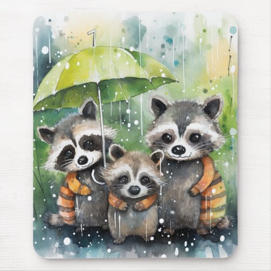 Cute Raccoons in the Rain マウスパッド (正面)