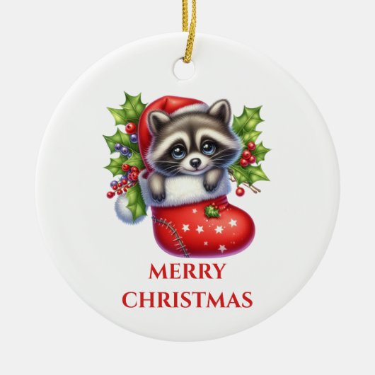 Cute Racoon Christmas セラミックオーナメント (正面)