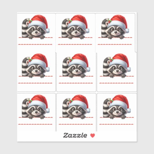 Cute Racoon in Santa Hat Christmas Labels シール (シート)