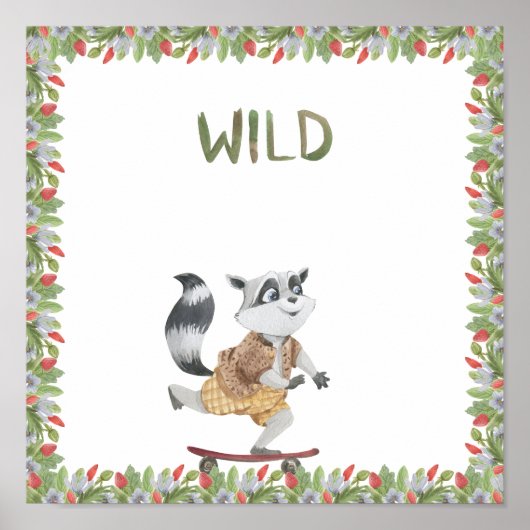 Cute Racoon On A Skateboard Wild Text Poster ポスター (正面)