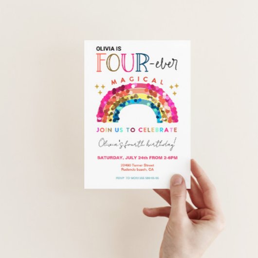 Cute Rainbow 4th birthday FOUR ever Magical  招待状
