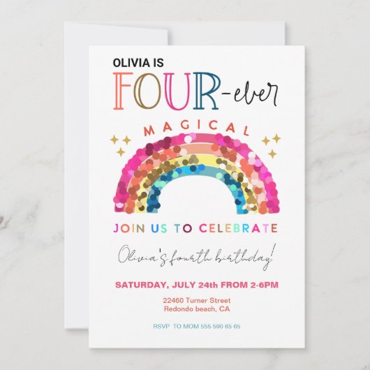 Cute Rainbow 4th birthday FOUR ever Magical  招待状 (正面)