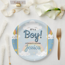 Cute Rainbow and Sleeping Cloud Baby Shower ペーパープレート