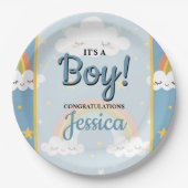 Cute Rainbow and Sleeping Cloud Baby Shower ペーパープレート (正面)