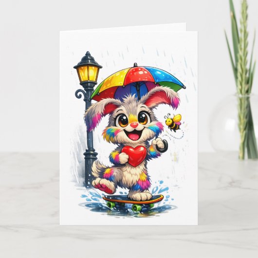 Cute Rainbow Bunny with Umbrella Design カード (正面)