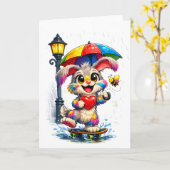 Cute Rainbow Bunny with Umbrella Design カード (黄色い花)